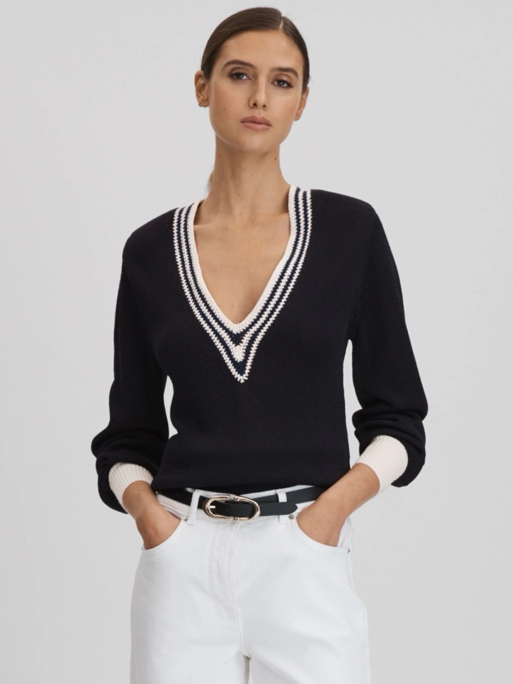 Reiss Women’s Tammy Crochet V-Neck Sweater Navy White Preppy Nautical Coastal